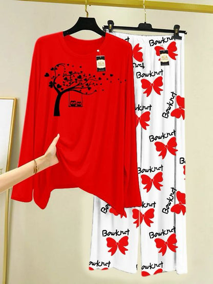 Red Printed Nightwear Set with Boo Printed Trousers – Women's Lounge Wear