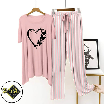 LIght Pink Printed Night Suit with Luxurious Lining Pajamas Stylish Sleepwear Set for a Cozy Night's Rest