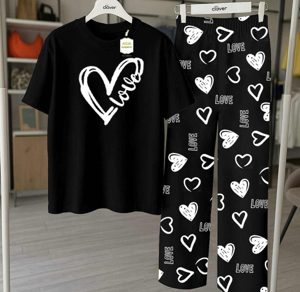 Black Printed Nightwear Set With Love Heart Printed Trousers – Women's Lounge Wear