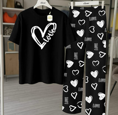 Black Printed Nightwear Set With Love Heart Printed Trousers – Women's Lounge Wear