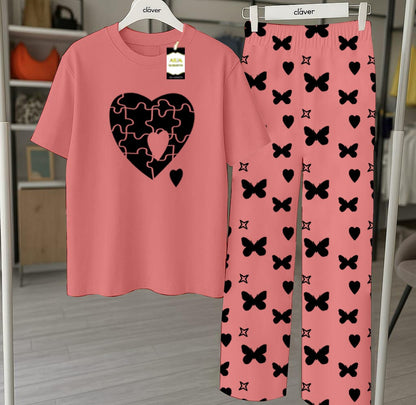Peach Printed Nightwear Set With Star Butterfly Printed Trousers – Women's Lounge Wear