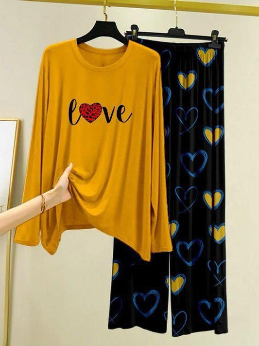 Yellow Color Heart Printed Trouser Lounge wear Nightwear Sleepwear With Heart Prinred Trouser For Women