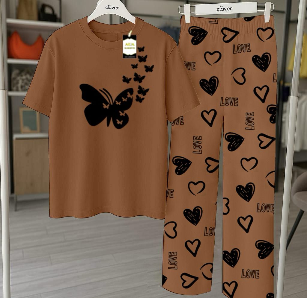 Light Brown Printed Nightwear Set With Love Heart Printed Trousers – Women's Lounge Wear