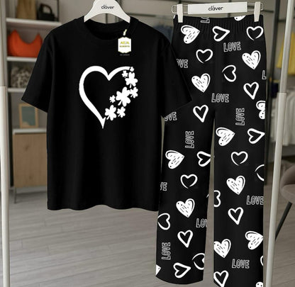 Black Printed Nightwear Set With Love Heart Printed Trousers – Women's Lounge Wear