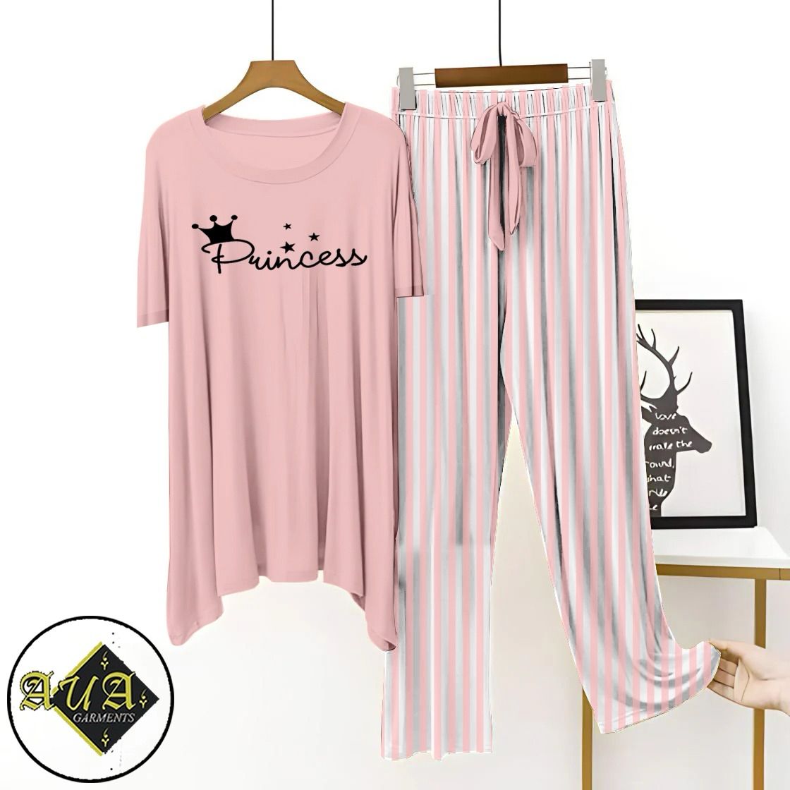 LIght Pink Printed Night Suit with Luxurious Lining Pajamas Stylish Sleepwear Set for a Cozy Night's Rest