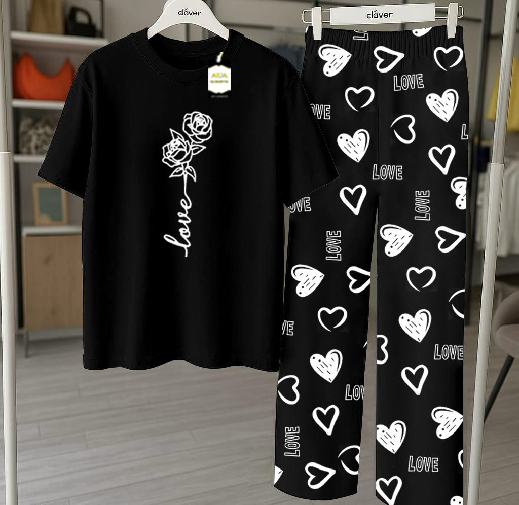 Black Printed Nightwear Set With Love Heart Printed Trousers – Women's Lounge Wear