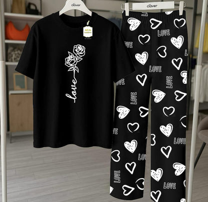 Black Printed Nightwear Set With Love Heart Printed Trousers – Women's Lounge Wear