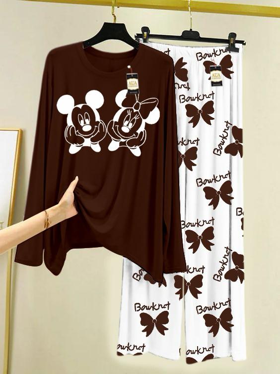 Brown  Printed Nightwear Set with Boo Printed Trousers – Women's Lounge Wear