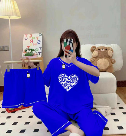 3-Piece Cami Nightwear Set for Women with Elegant White Borders Royal Blue