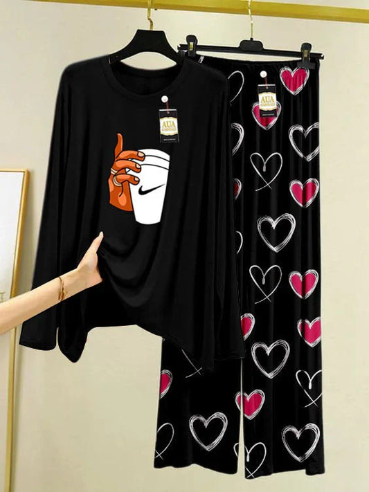 Black Color Heart Printed Trouser Lounge wear Nightwear Sleepwear With Heart Prinred Trouser For Women