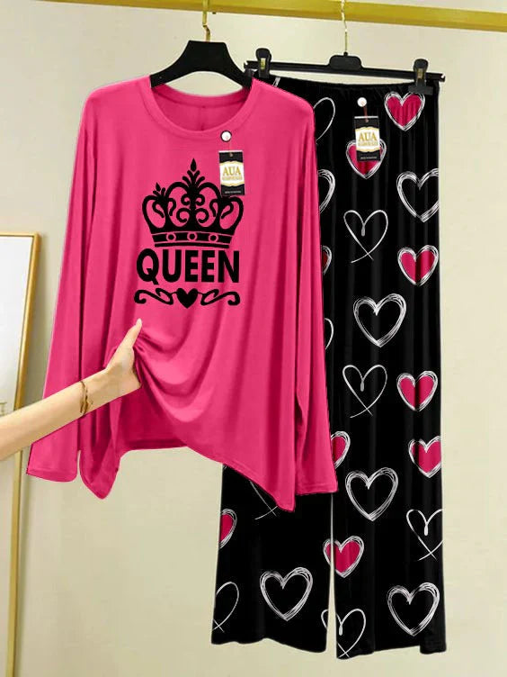 Pink Color Heart Printed Trouser Lounge wear Nightwear Sleepwear With Heart Prinred Trouser For Women