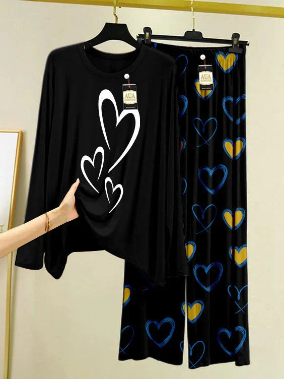 Black Color Heart Printed Trouser Lounge wear Nightwear Sleepwear With Heart Prinred Trouser For Women