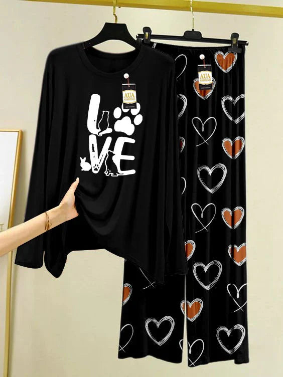 Black Color Heart Printed Trouser Lounge wear Nightwear Sleepwear With Heart Prinred Trouser For Women