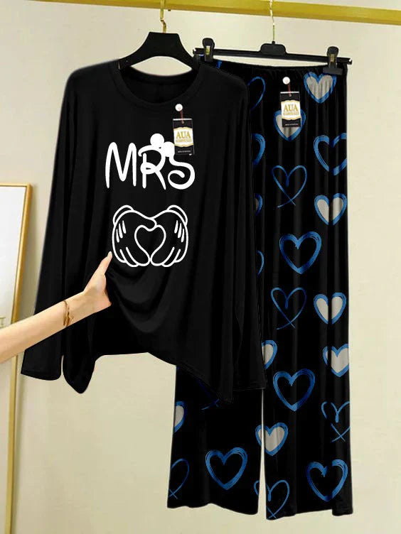 Black Color Heart Printed Trouser Lounge wear Nightwear Sleepwear With Heart Prinred Trouser For Women
