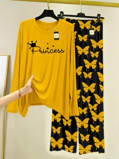 Yellow Printed Nightwear Set With Black Butterfly Printed Trousers – Women's Lounge Wear