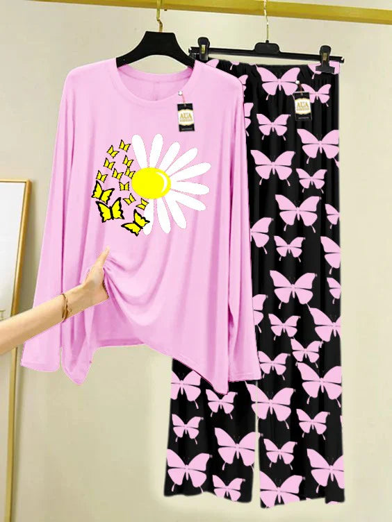 Baby Pink Printed Nightwear Set With Black Butterfly Printed Trousers – Women's Lounge Wear