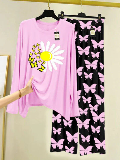 Baby Pink Printed Nightwear Set With Black Butterfly Printed Trousers – Women's Lounge Wear