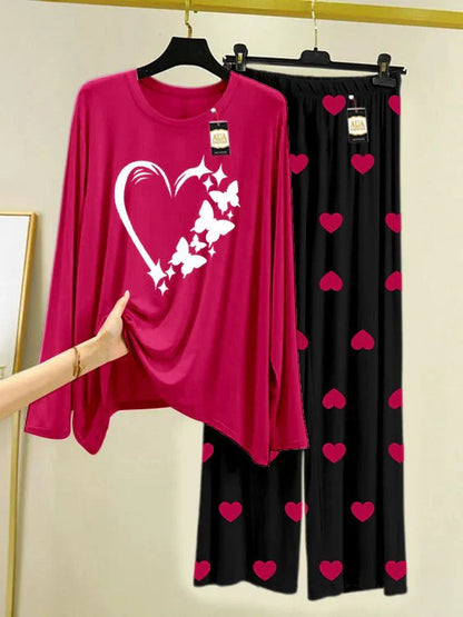 Dark Pink Printed Nightwear Set with Mini Heart Printed Trousers – Women's Lounge Wear