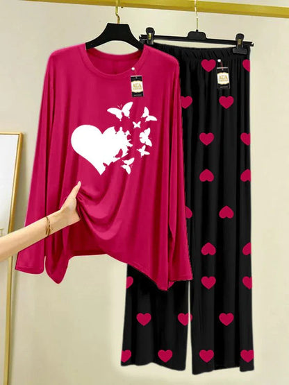 Dark Pink Printed Nightwear Set with Mini Heart Printed Trousers – Women's Lounge Wear
