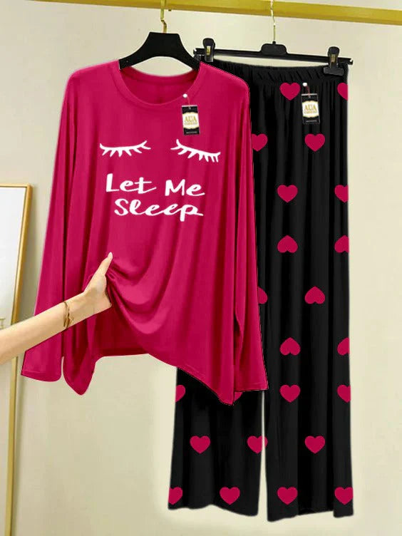Dark Pink Printed Nightwear Set with Mini Heart Printed Trousers – Women's Lounge Wear