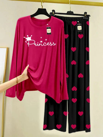Dark Pink Printed Nightwear Set with Mini Heart Printed Trousers – Women's Lounge Wear