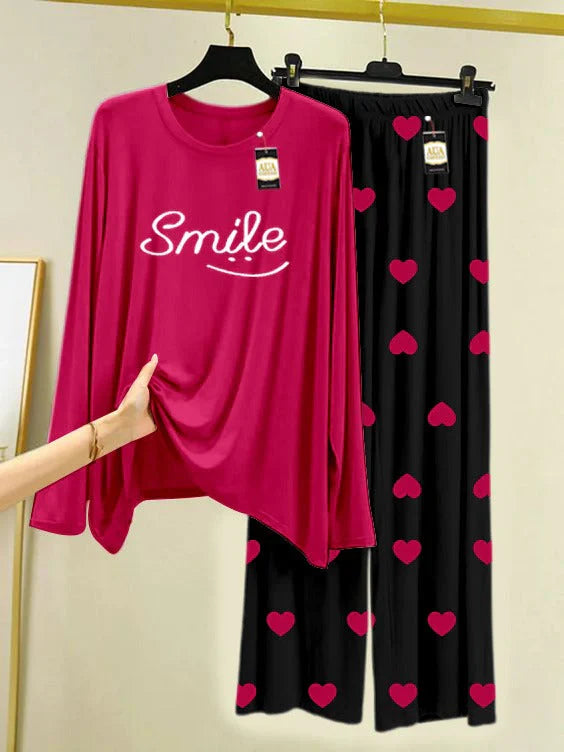 Dark Pink Printed Nightwear Set with Mini Heart Printed Trousers – Women's Lounge Wear