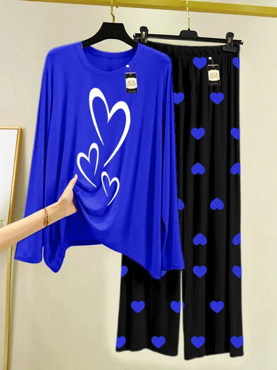 Navy Blue Printed Nightwear Set with Mini Heart Printed Trousers – Women's Lounge Wear