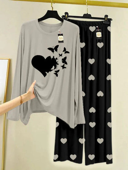 Grey Printed Nightwear Set with Black Mini Heart Printed Trousers – Women's Lounge Wear