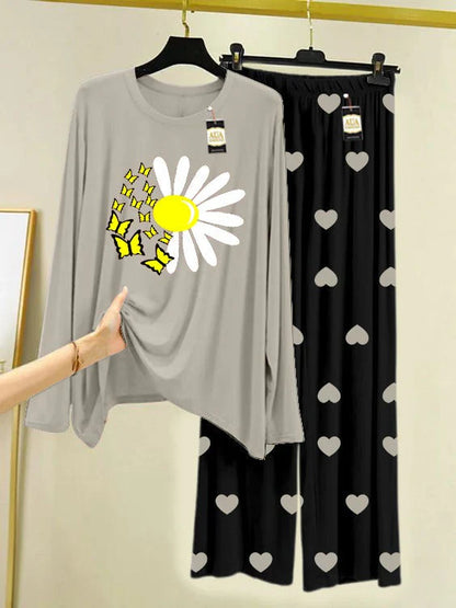 Grey Printed Nightwear Set with Black Mini Heart Printed Trousers – Women's Lounge Wear