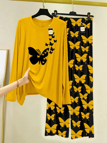 Yellow Printed Nightwear Set With Black Butterfly Printed Trousers – Women's Lounge Wear