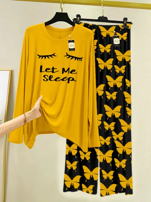 Yellow Printed Nightwear Set With Black Butterfly Printed Trousers – Women's Lounge Wear