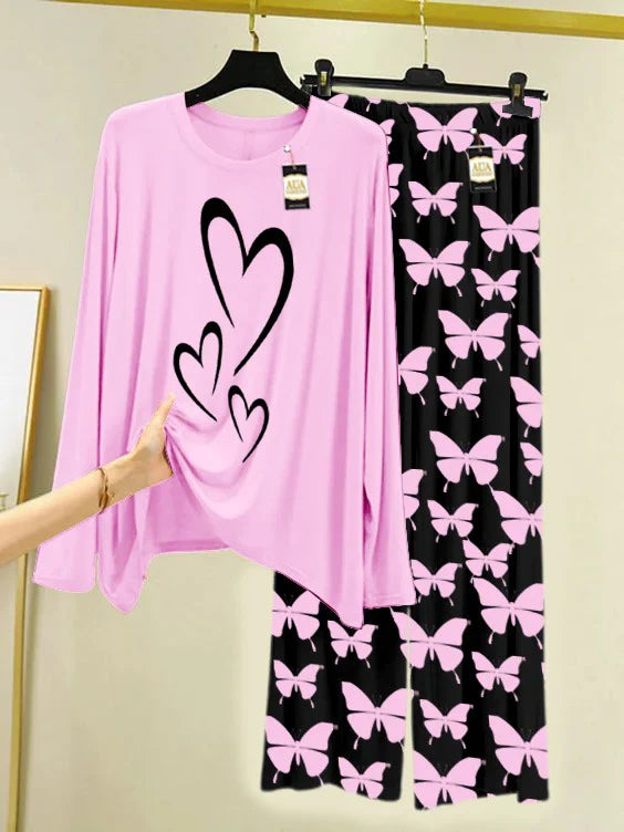 Baby Pink Printed Nightwear Set With Black Butterfly Printed Trousers – Women's Lounge Wear