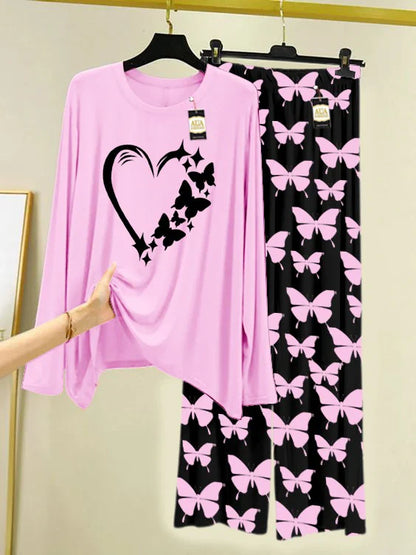 Baby Pink Printed Nightwear Set With Black Butterfly Printed Trousers – Women's Lounge Wear