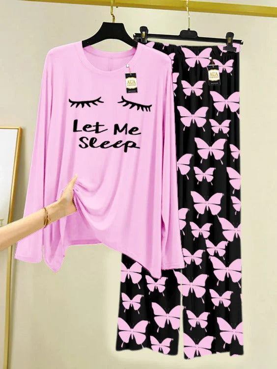 Baby Pink Printed Nightwear Set With Black Butterfly Printed Trousers – Women's Lounge Wear