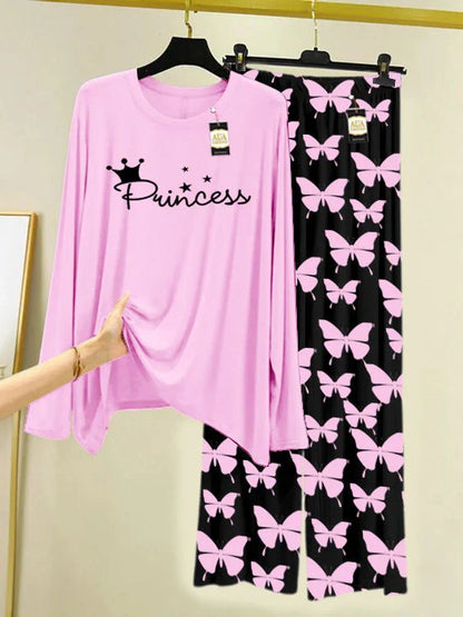 Baby Pink Printed Nightwear Set With Black Butterfly Printed Trousers – Women's Lounge Wear