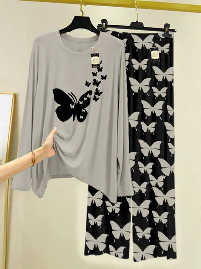GREY Printed Nightwear Set With Black Butterfly Printed Trousers – Women's Lounge Wear