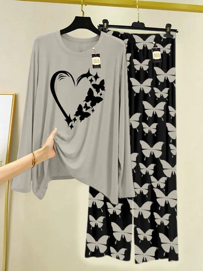 GREY Printed Nightwear Set With Black Butterfly Printed Trousers – Women's Lounge Wear