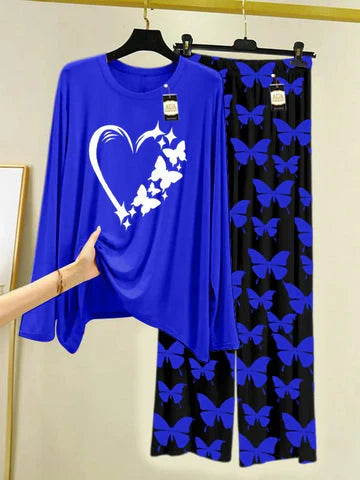 Navy Printed Nightwear Set With Black Butterfly Printed Trousers – Women's Lounge Wear