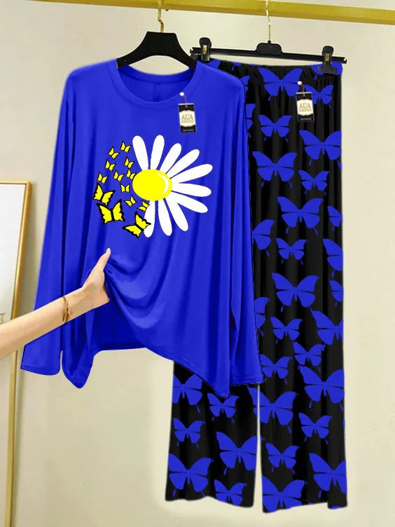 Navy Printed Nightwear Set With Black Butterfly Printed Trousers – Women's Lounge Wear