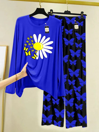 Navy Printed Nightwear Set With Black Butterfly Printed Trousers – Women's Lounge Wear