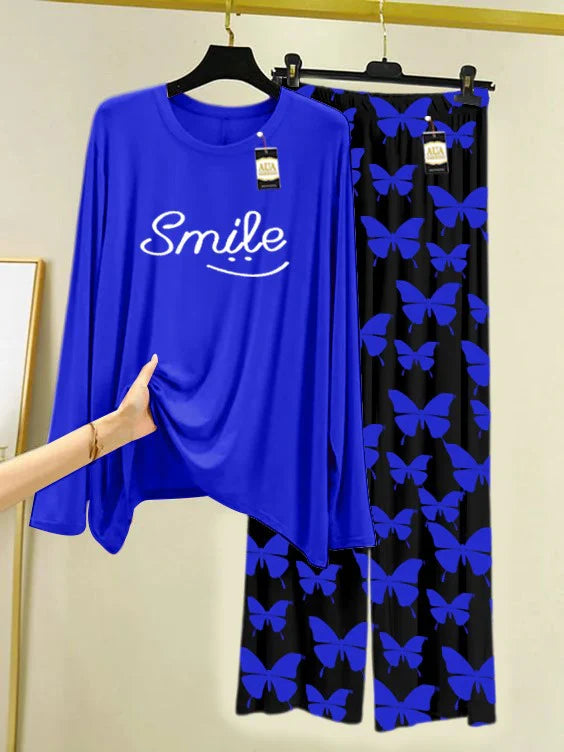 Navy Printed Nightwear Set With Black Butterfly Printed Trousers – Women's Lounge Wear