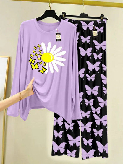 PURPLE Printed Nightwear Set With Black Butterfly Printed Trousers – Women's Lounge Wear