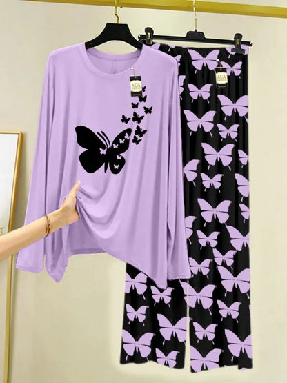 PURPLE Printed Nightwear Set With Black Butterfly Printed Trousers – Women's Lounge Wear
