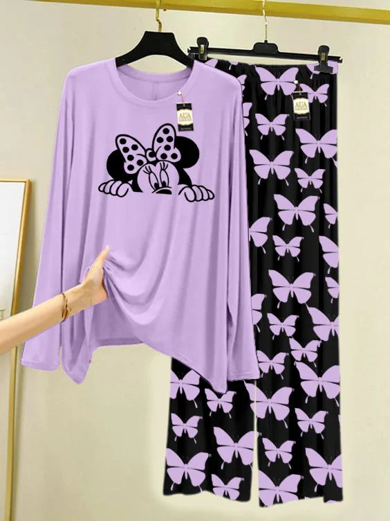 PURPLE Printed Nightwear Set With Black Butterfly Printed Trousers – Women's Lounge Wear
