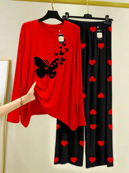 RED  Printed Nightwear Set with Black Mini Heart Printed Trousers – Women's Lounge Wear