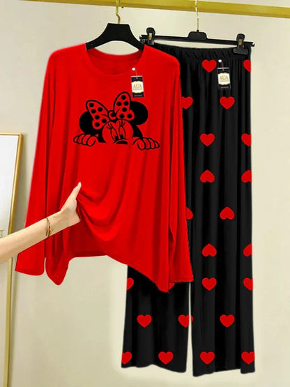 RED  Printed Nightwear Set with Black Mini Heart Printed Trousers – Women's Lounge Wear
