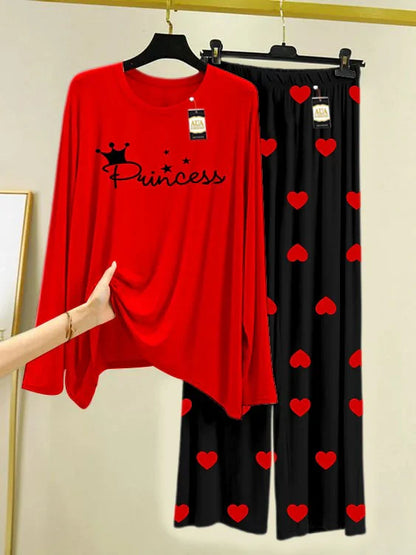 RED  Printed Nightwear Set with Black Mini Heart Printed Trousers – Women's Lounge Wear
