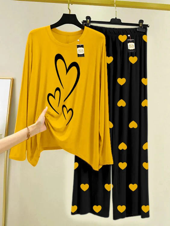 YELLOW Printed Nightwear Set with Black Mini Heart Printed Trousers – Women's Lounge Wear