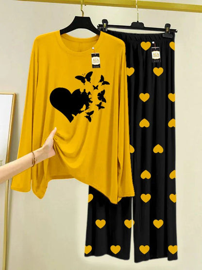 YELLOW Printed Nightwear Set with Black Mini Heart Printed Trousers – Women's Lounge Wear
