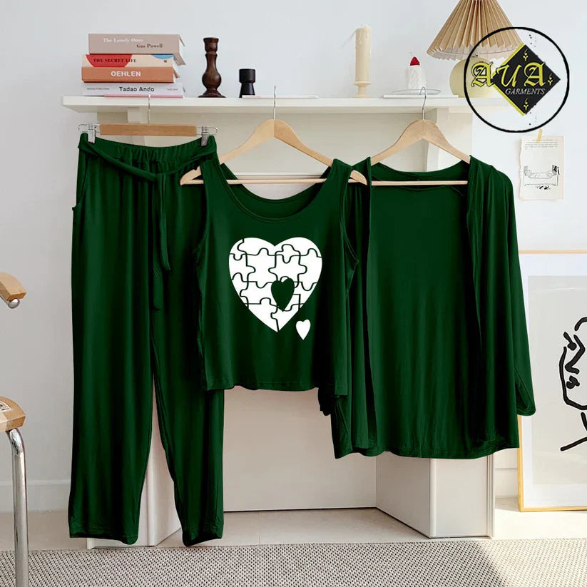 T Green  3 Piece Lounge wear Nightwear Sleepwear For Women